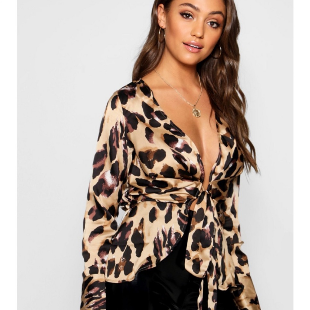 Leopard Print Satin Tie Top